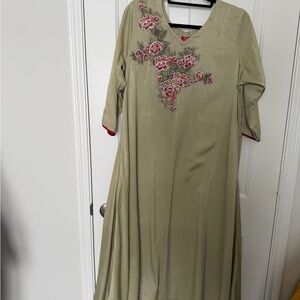Elegant Olive Green Floral Embroidered Dress
